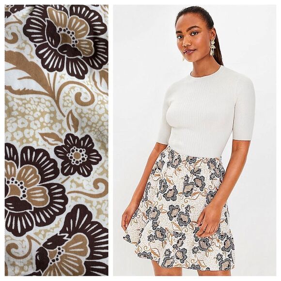 Loft Skirt Floral Cheetah Print Tan Brown Cream XS Petite Preppy - Picture 1 of 10